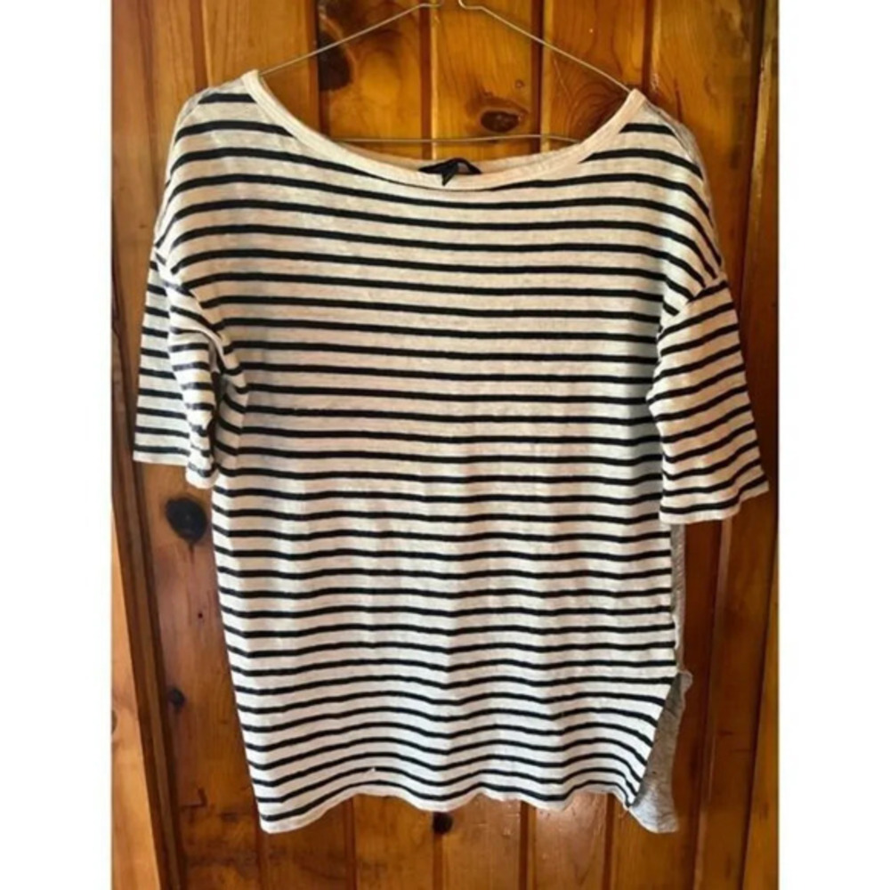 Banana Republic Linen Cotton T Shirt Womens size S Striped Gray Blue Boat Neck